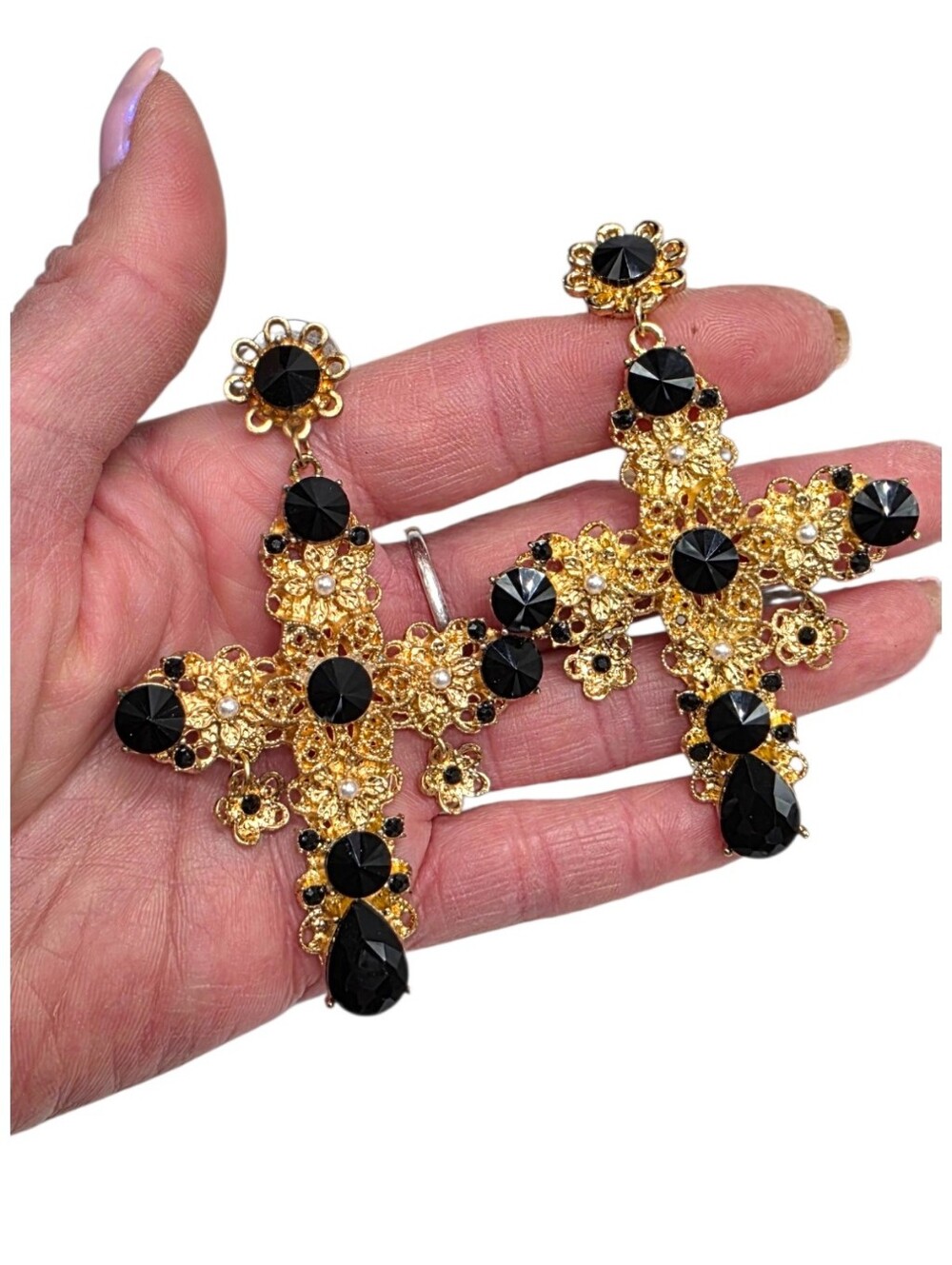 Gothic Baroque Cross Earrings Black Rhinestone Gold Tone Statement 3.5"